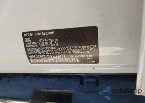 2015 BMW M3 z USA, uszkodzony, nr VIN WBS3C9C54FP803077